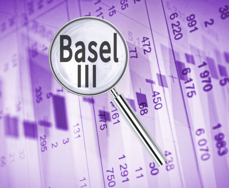 Magnifying lens over words 'Basel III,' with financial data in the background.