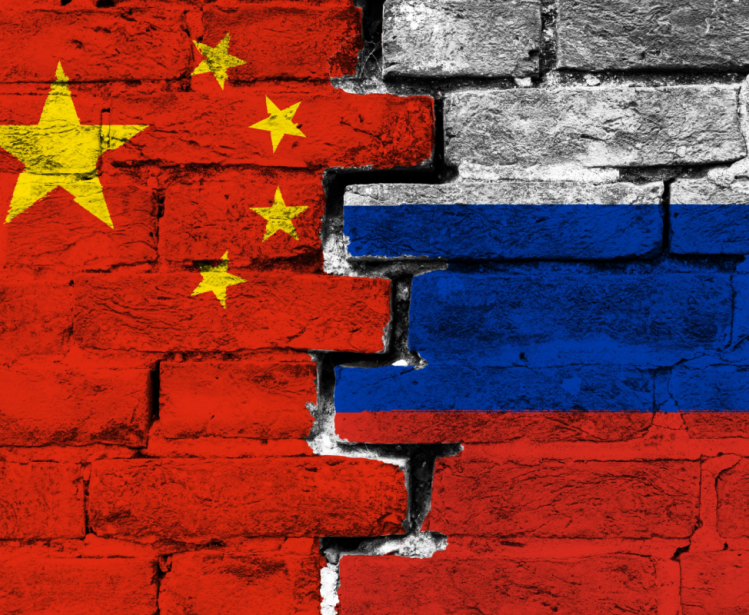 Brick wall with the flags of Russia and China