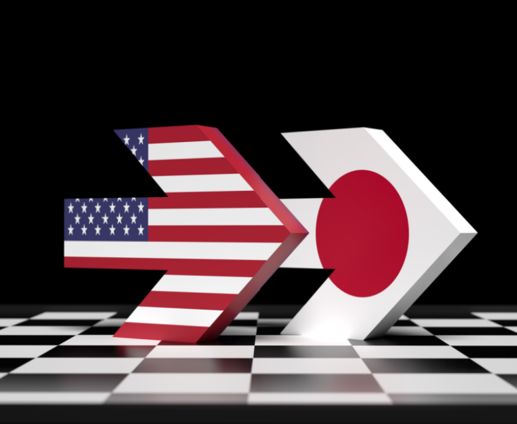 Arrows with American and Japanese flags moving in the same direction