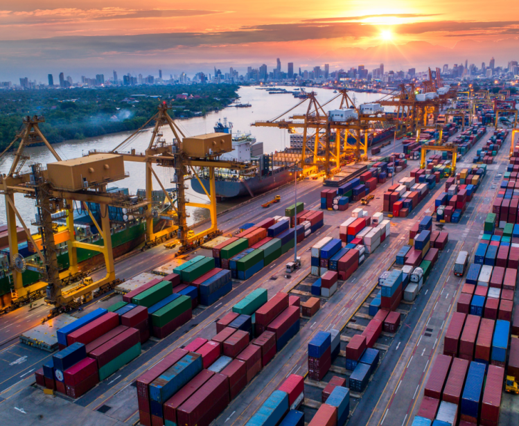 Aerial view of port and shipping containers