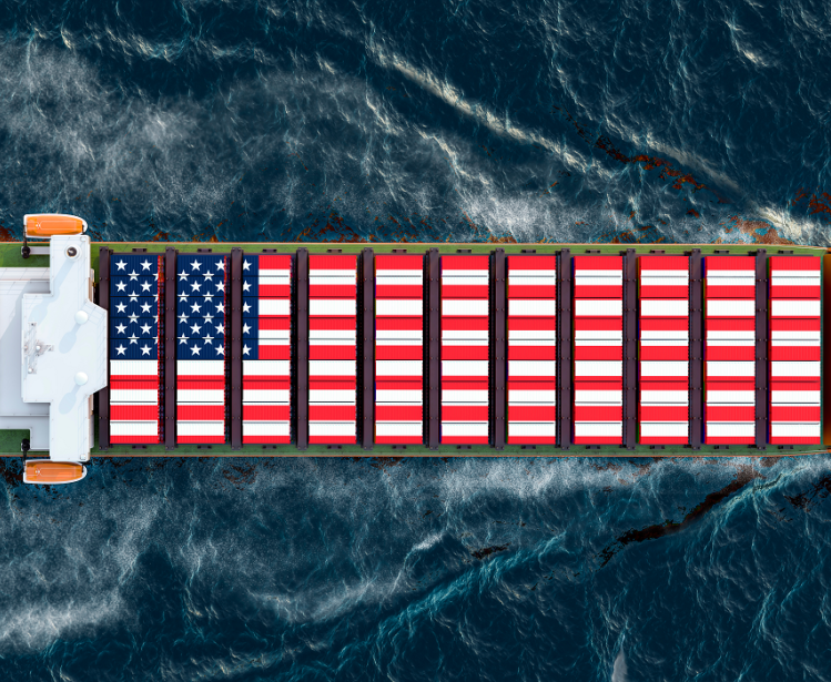 Freighter ship with the United States cargo containers sailing in ocean, 3D rendering