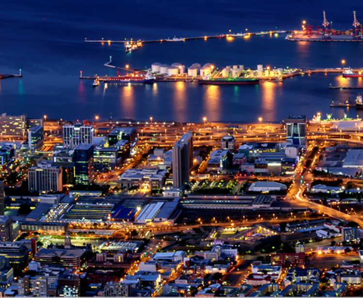 Table Bay and Harbor in Cape Town during Blue Hour circa February 2019