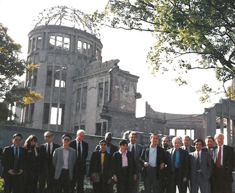 Members of the Programme for Promoting Nuclear Nonproliferation (PPNN) at the A-Bomb Dome, Hiroshima Peace Memorial Park, Japan, 1992.