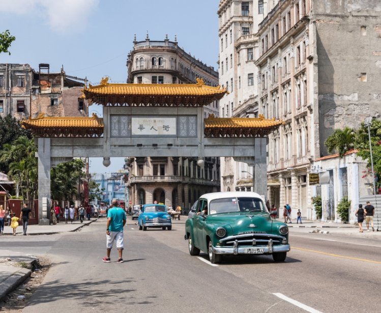 Barrio chino, gate in Havana, Cuba. Havana Cityscape with Local Vehicles, Architecture and People. Cuba. China Gate