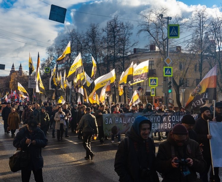 Traditionalists and nationalists participating in the 2018 Russian March in Moscow