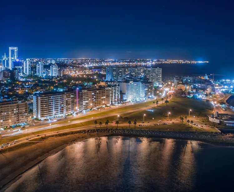Aerial night view over Montevideo, the capital of Uruguay