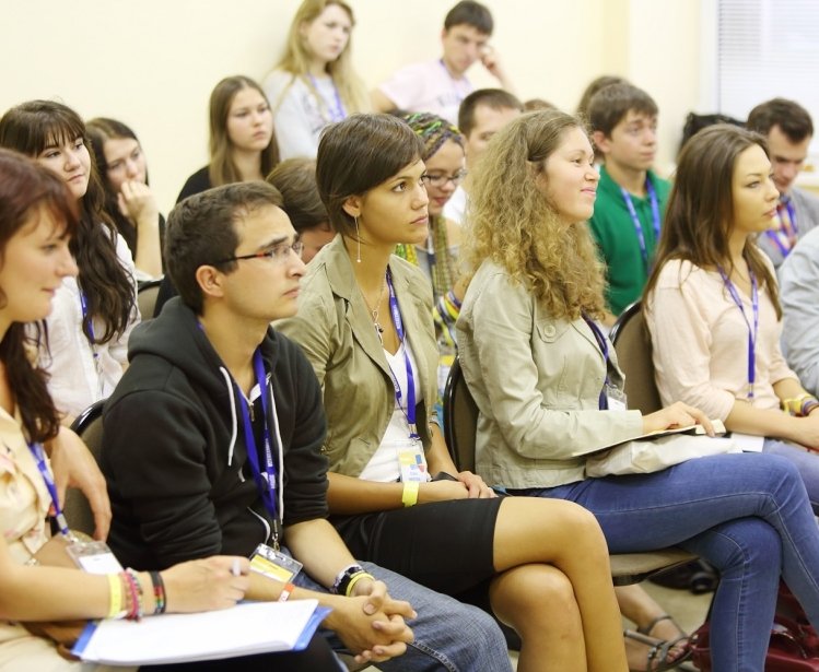 Boys and girls at Global Youth Voice - AIESEC International Congress 2012 in MGIMO, on August 18, 2012 in Moscow, Russia.
