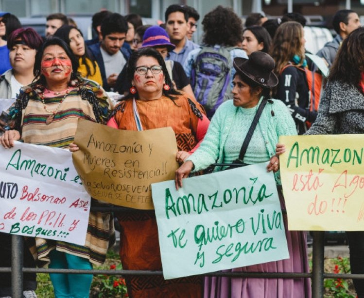 Protest in Miraflores district in front of Brazilian embassy against environmental policy of Bolsonaro president in Brasil after fires in the Amazon