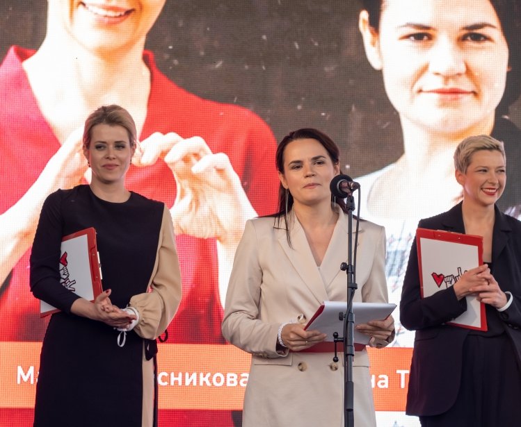 Svetlana Tikhanovskaya, the main opposition candidate for upcoming presidential elections in Belarus gives speech at her campaign rally in Minsk