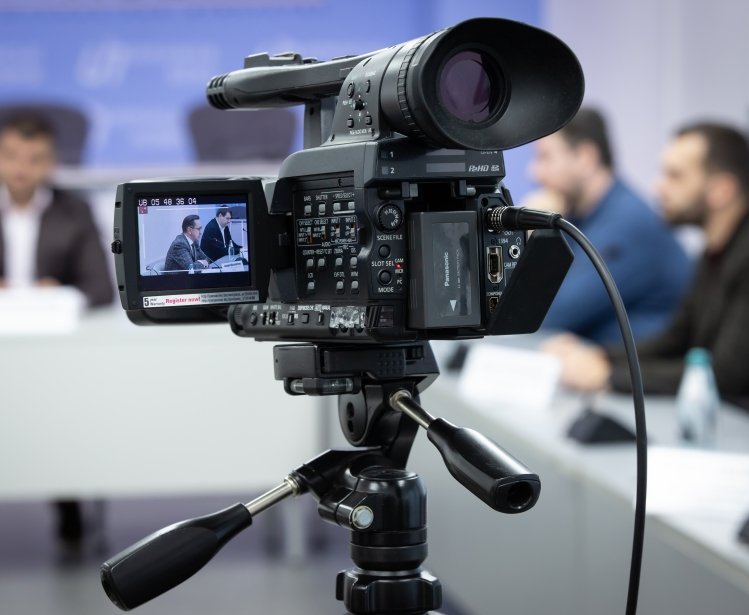 News conference, TV camera in press center. Kyiv, Ukraine. October 29, 2020.