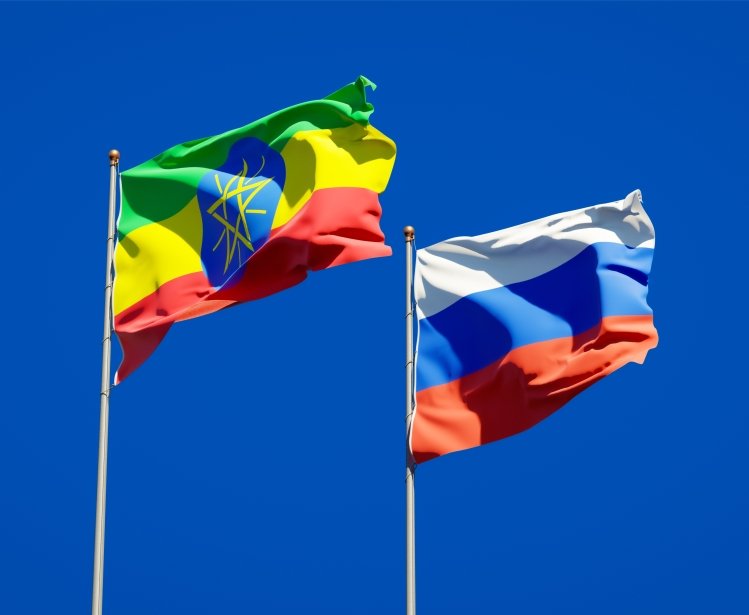 Flags of Ethiopia and the Russian Federation flying in the wind