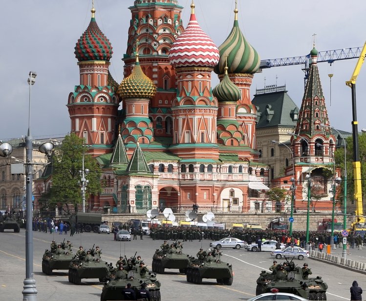 Military Parade rehearsals near St basil's cathedral in Moscow
