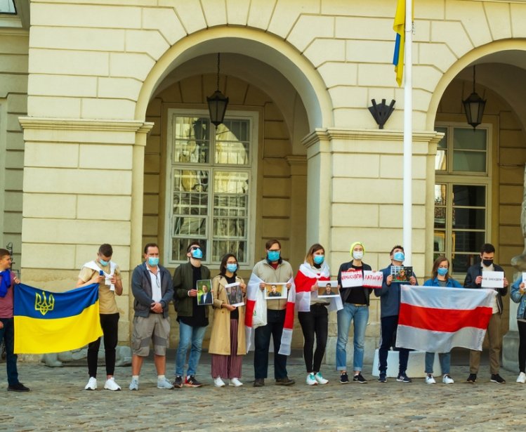 Lviv, Ukraine - 01 June 2021: Meeting in support of political prisoners in Belarus near Town Hall