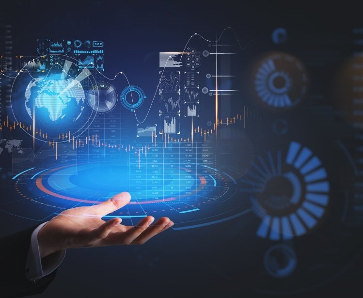 Hand and stock market statistics, blue and orange hologram with candlesticks, big data information and network connection. Global finance and online trading