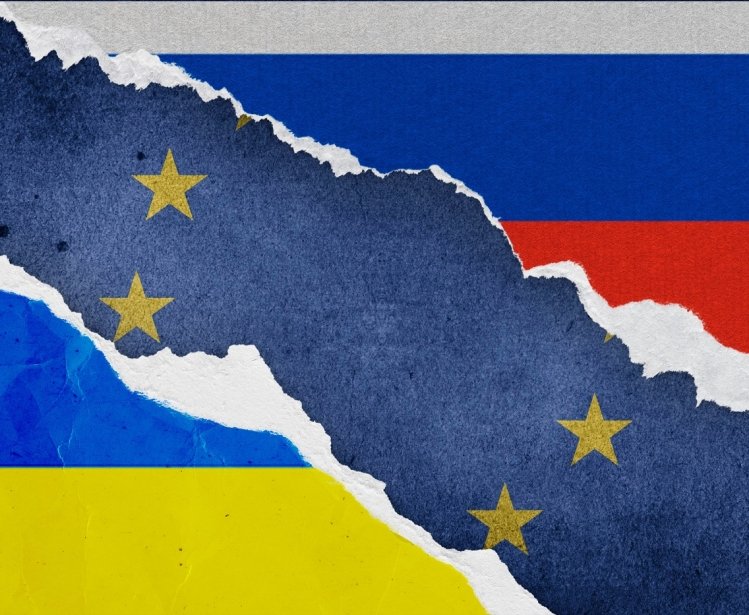 Ukraine, european union, Russia flag grunge Ripped paper background