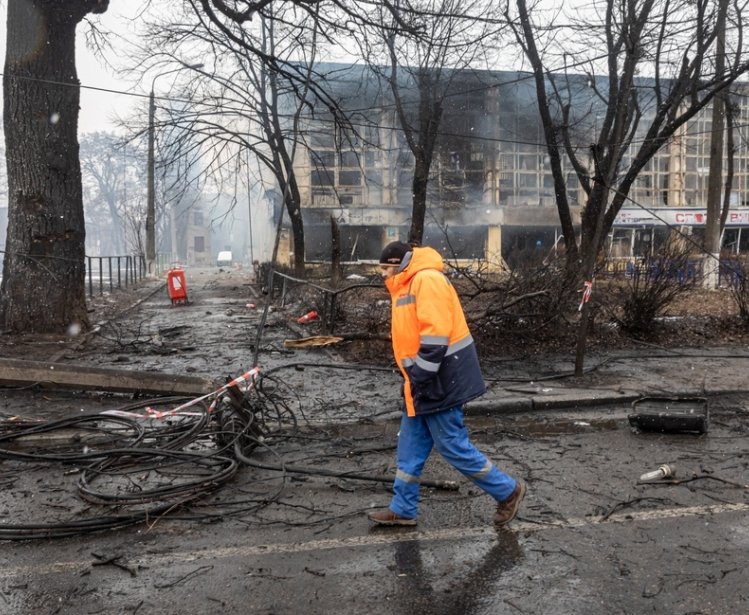 KYIV, UKRAINE - Mar. 02, 2022: War of Russia against Ukraine. View of a civilian sports club gym and sporting goods store damaged following a Russian rocket attack the city of Kyiv, Ukraine