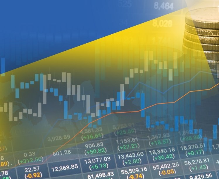 Stock ticker image with Ukrainian flag superimposed