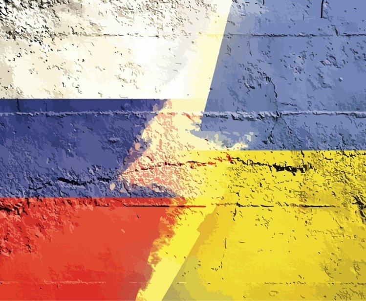 Digital image showing Russian and Ukrainian Flags with bolt going down the middle 
