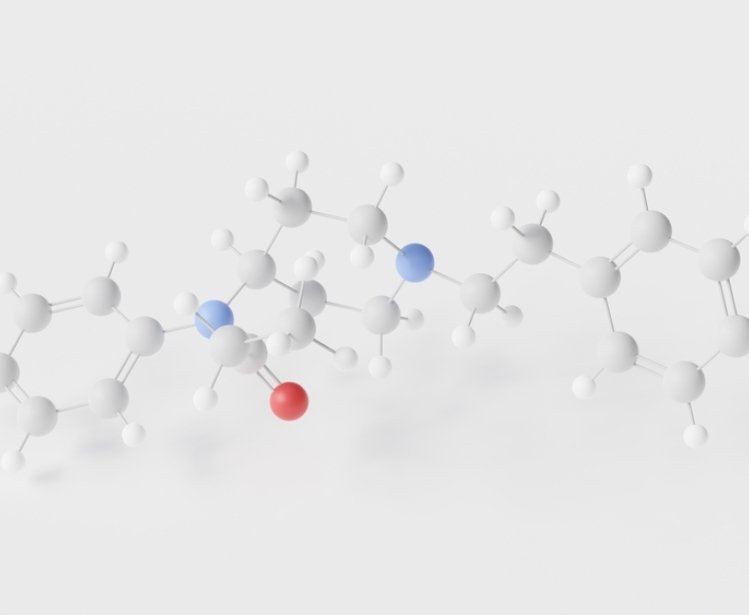 fentanyl molecule 3d, molecular structure, ball and stick model, structural chemical formula opiate agonists