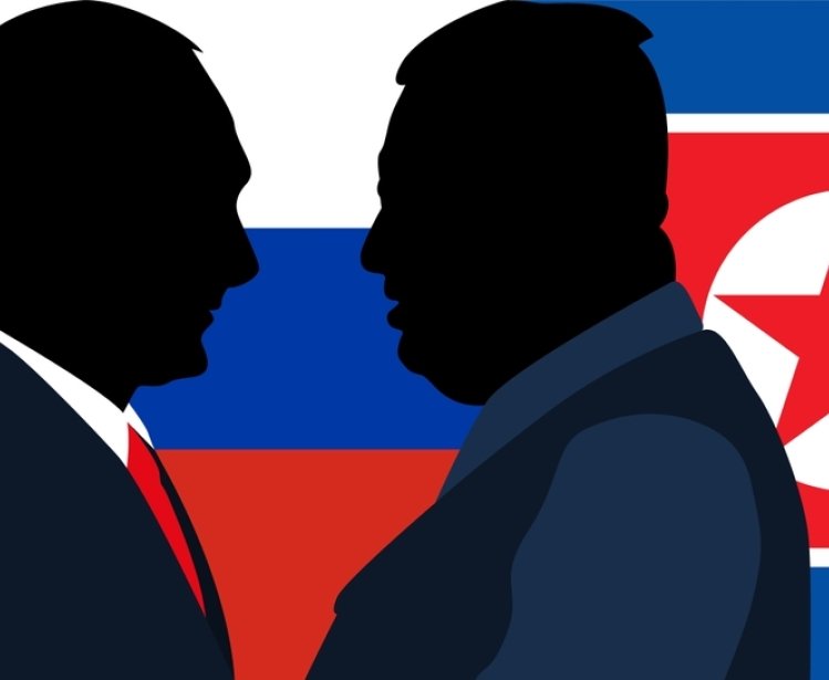 Kim and Putin Silhouettes in front of North Korean and Russian flags