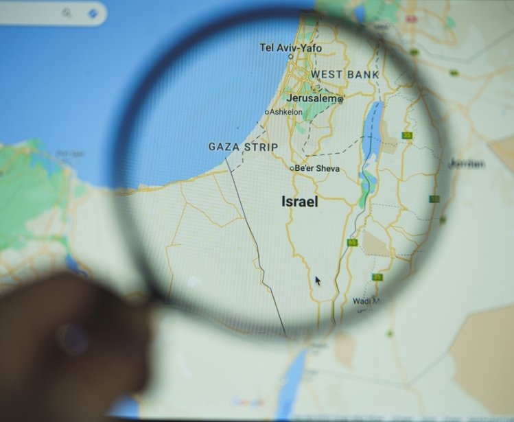 Map of Israel and Vicinity Showing Gaza Strip under a magnifying glass