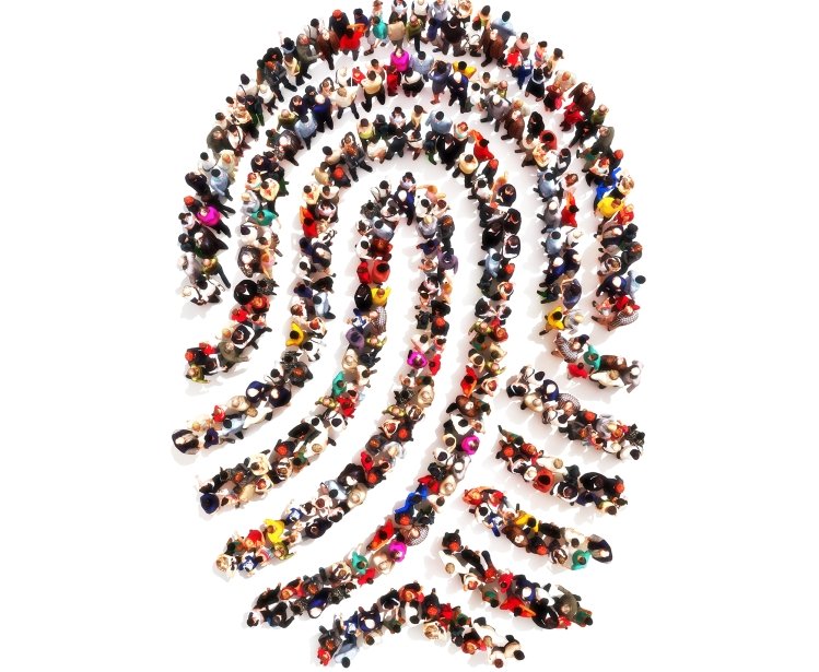 Large group pf people in the shape of a fingerprint on an isolated white background. 