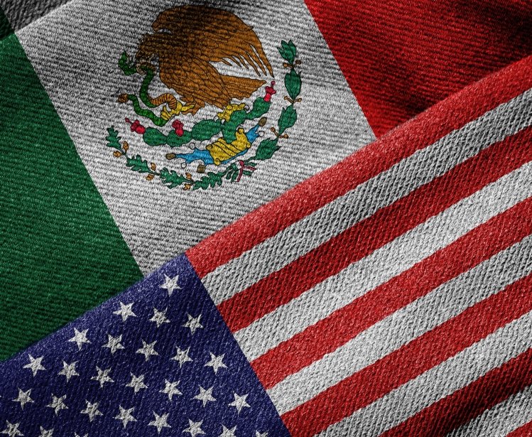 3D rendering of the flags of USA and Mexico on woven fabric texture.