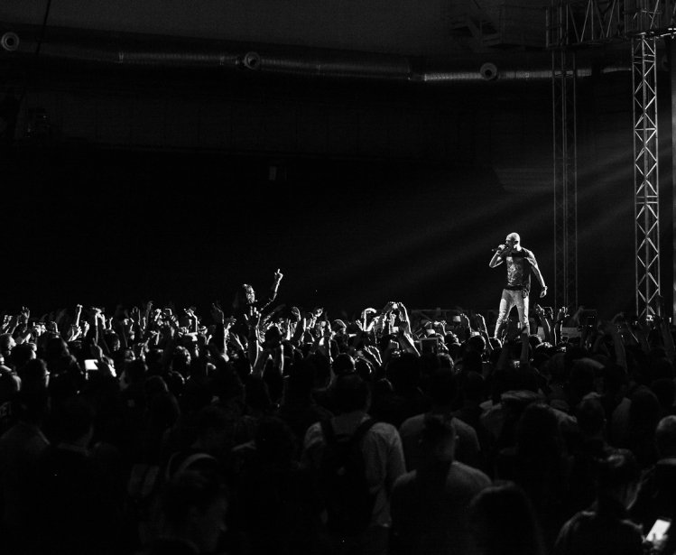 Black and white image of a rock concert 