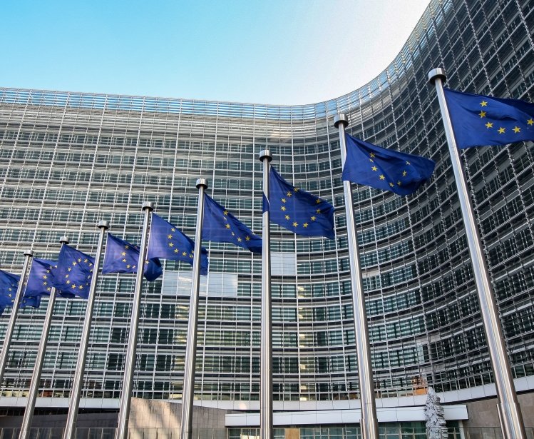 European flags on background of EU Parliament
