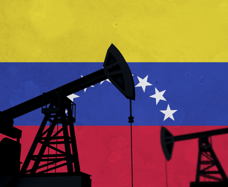 Oil and gas industry background. Oil pump silhouette against venezuela flag. 3D Rendering