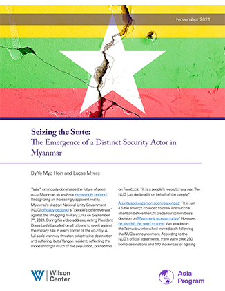 The cover of the report Seizing the State, which shows the flag of Myanmar.