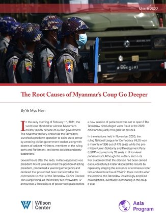 The cover of a report with an image of soldiers in Myanmar in the days after the 2021 coup.