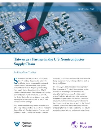 An image of the cover of the report with a photo of a circuit board, tweezers are placing a component that is painted with the flag of Taiwan.