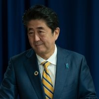 A picture of Shinzo Abe at a speech