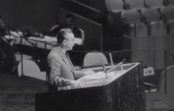Polish Foreign Minister Adam Rapacki speaks before the United Nations on the denuclearization of Central Europe. Source: UN Audiovisual Library, #2232383.