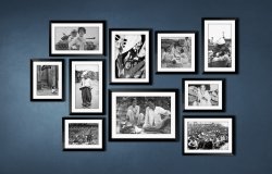 A collage of photo frames containing black and white photos with historical images from the Korean War.