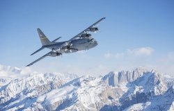 A C-130 Hercules, from Alaska Air National Guard’s 144th Airlift Squadron, flies over Denali National Park and Preserve, Alaska, March 4, 2017.