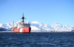 USCG Cutter Polar Star sits at anchor in Taylor Bay, Alaska during Arctic deployment