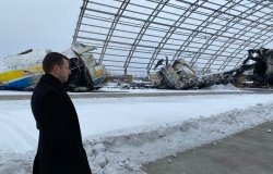 Estonian Secretary General for the Ministry of Foreign Affairs Jonatan Vseviov surveys damage from Russian military attacks at Antonov Airport in Hostomel, Kyiv Oblast, Ukraine