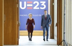 The President of the Government of Spain, Pedro Sanchez, and the President of the European Commission, Ursula von der Leyen attend a joint press conference on the occasion of the College of European Commissioners visit to Madrid, July 3, 2023. 