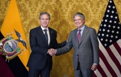 US Secretary of State Antony Blinken and President of Equador Guillermo Lasso shake hands