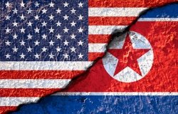 Flags of United States and North Korea.