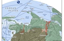 A map shows Gwadar port with red lines representing real and proposed infrastructure and blue lines representing major sea lanes.