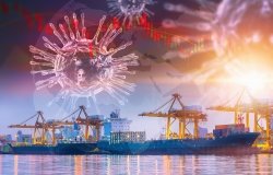 A financial graph and images of the coronavirus layered over a picture of container ships.