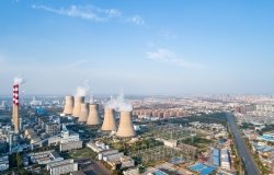 Aerial view of smokestacks at a thermal power plant.