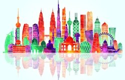 A colorful stylized skyline graphic featuring famous buildings in Asia.