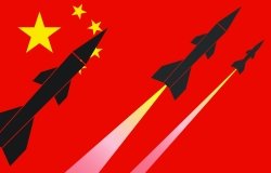 A graphic showing nuclear weapons launching in front of the Chinese flag.