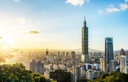 Sunrise in Taipei with Taipei 101 in the distance.