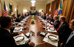 The President of Brazil, Jair Bolsonaro, during an extended meeting with the President of the USA, Donald Trump, at the White House, in Washington (USA).