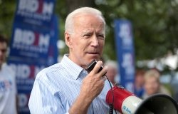 Former Vice President Joe Biden speaking with supporters at a pre-Wing Ding rally at Molly McGowan Park in Clear Lake, Iowa.